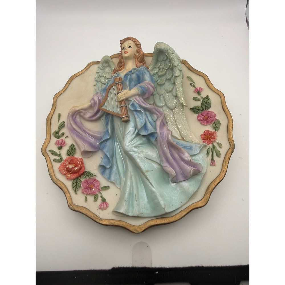 Vintage Angel Wall Plaque 3D Relief Plate Harp Roses Blue Gold Trim 7.75 inch